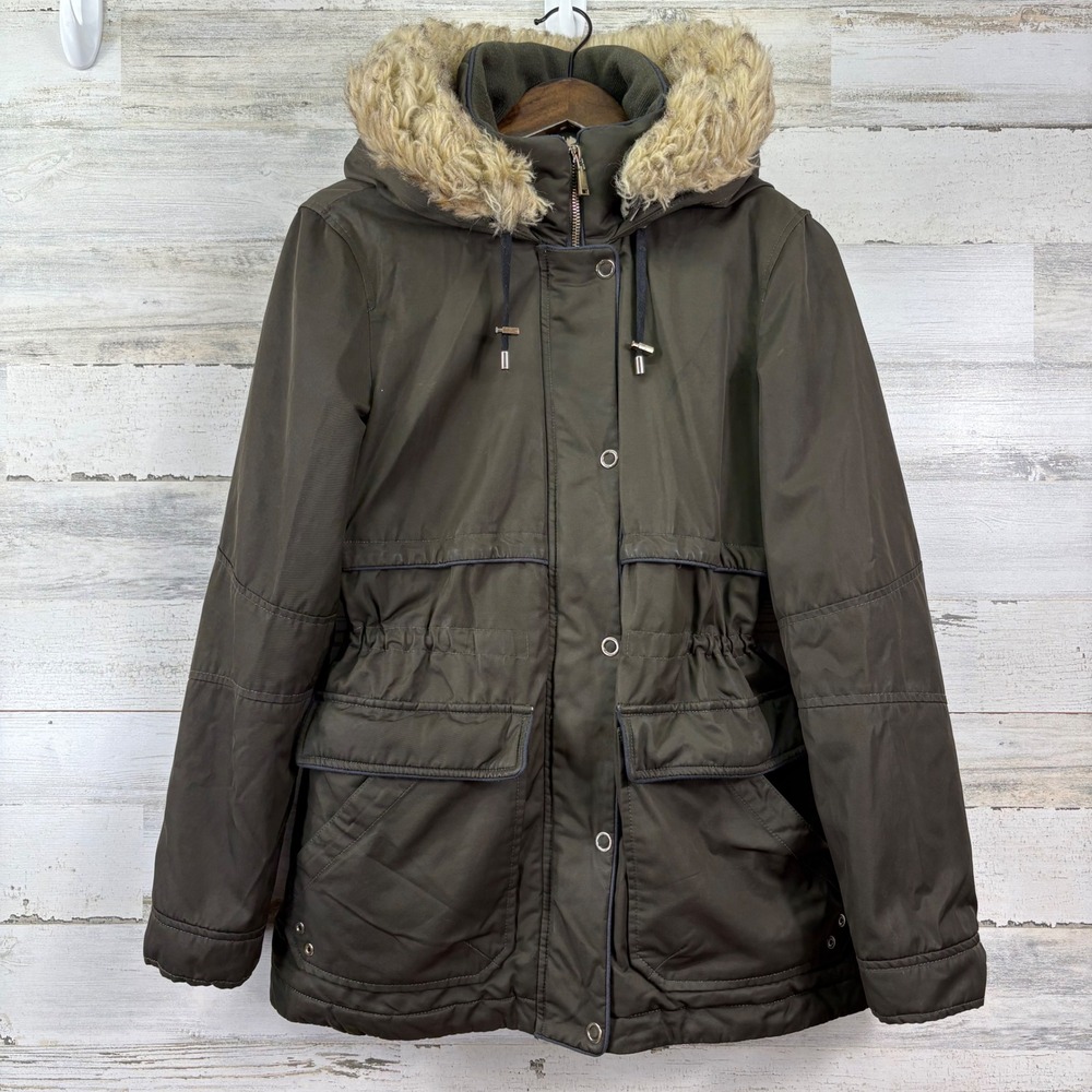Zara Parka Jacket Womens M Olive Green Faux Fur Hood Sherpa Lined Utility Coat